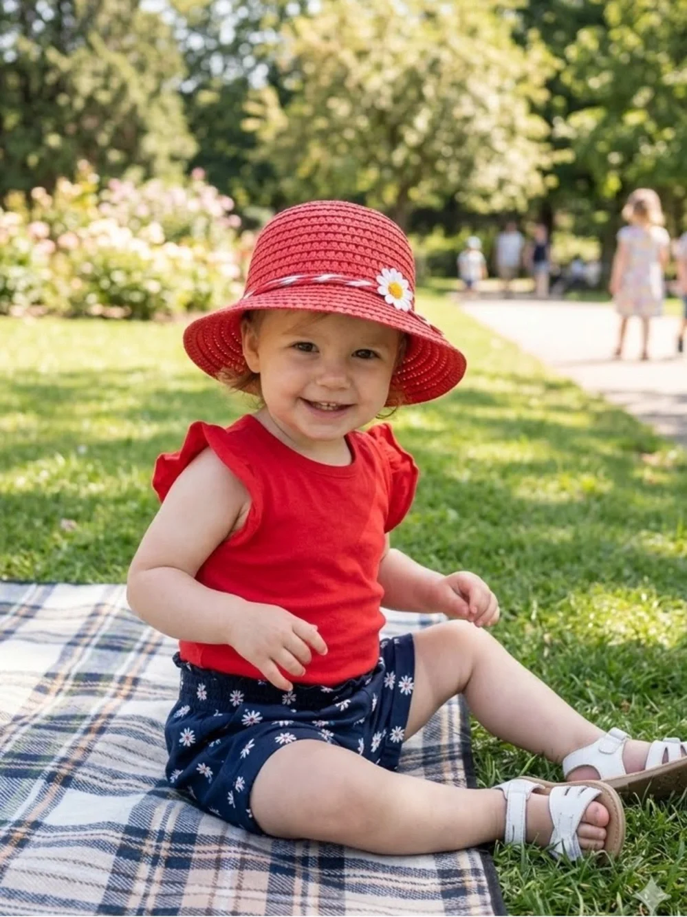Baby GAP 3pc Set Red Top, Navy Floral Shorts & Red Straw Hat Size 3T